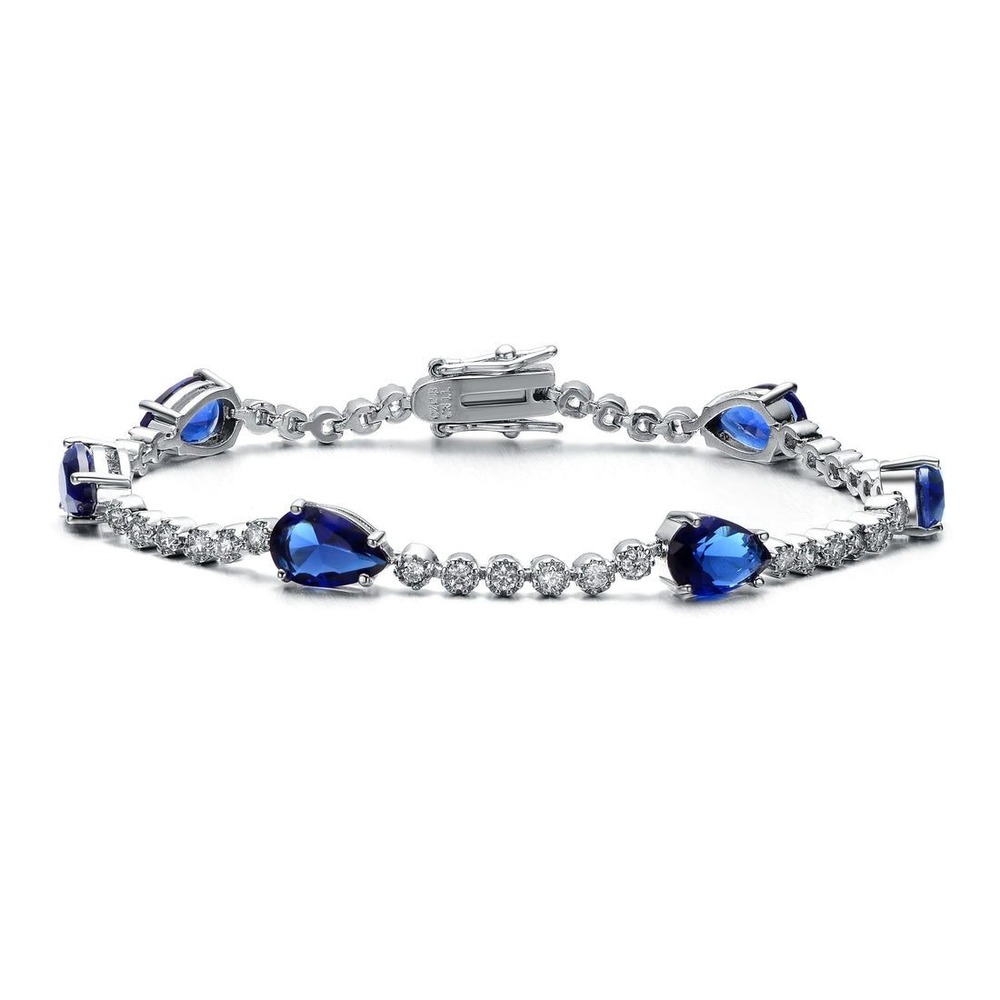 Rachel‎ Glauber Tennis Bracelet Women Pear Blue Sapphire White Gold Plated 7in